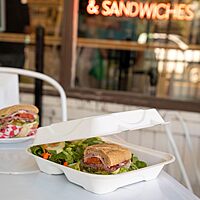 ECO PRODUCTS Compostable 8" Clamshell To Go Containers, Case of 200, 3 Compartment, Square Take Out Food Box, White Renewable Molded Fiber, Microwaveable & Freezable, Grease & Cut Resistant, ASTM