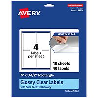 Avery Glossy Clear Rectangle Labels, Sure Feed Technology, 5" x 3.5", 40 Glossy Clear Labels, Laser/Inkjet Printable 40 labels