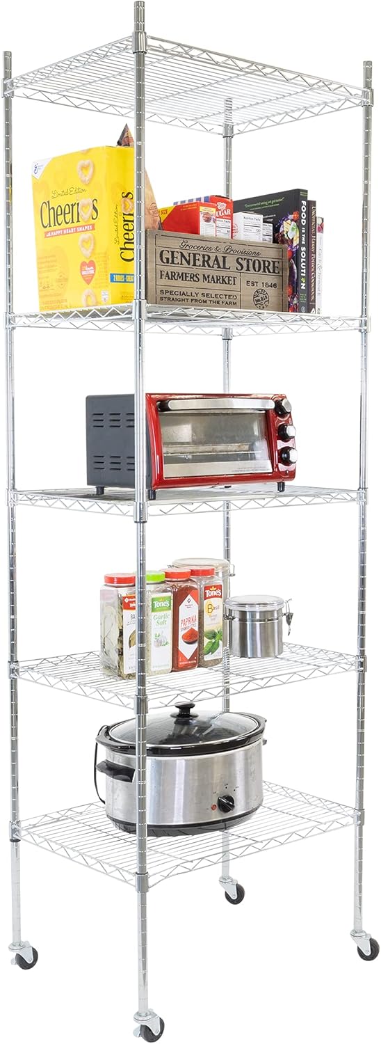 Mount-It! 5 Tier Chrome Wire Shelving on Wheels, Versatile, Adjustable Shelf Height Metal Storage Organizer for Kitchen