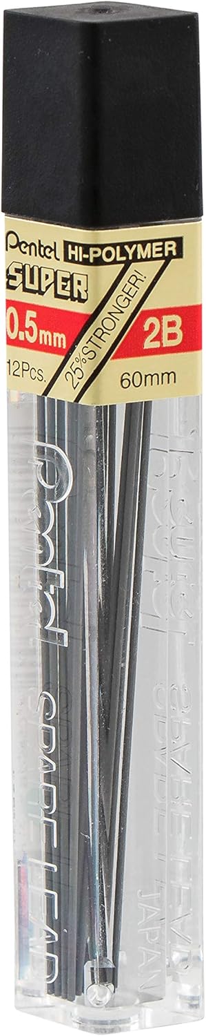 Pentel Super Hi-Polymer Leads, 0.5 mm, 2B, 12 Leads Per Tube, Pack Of 3 Tubes