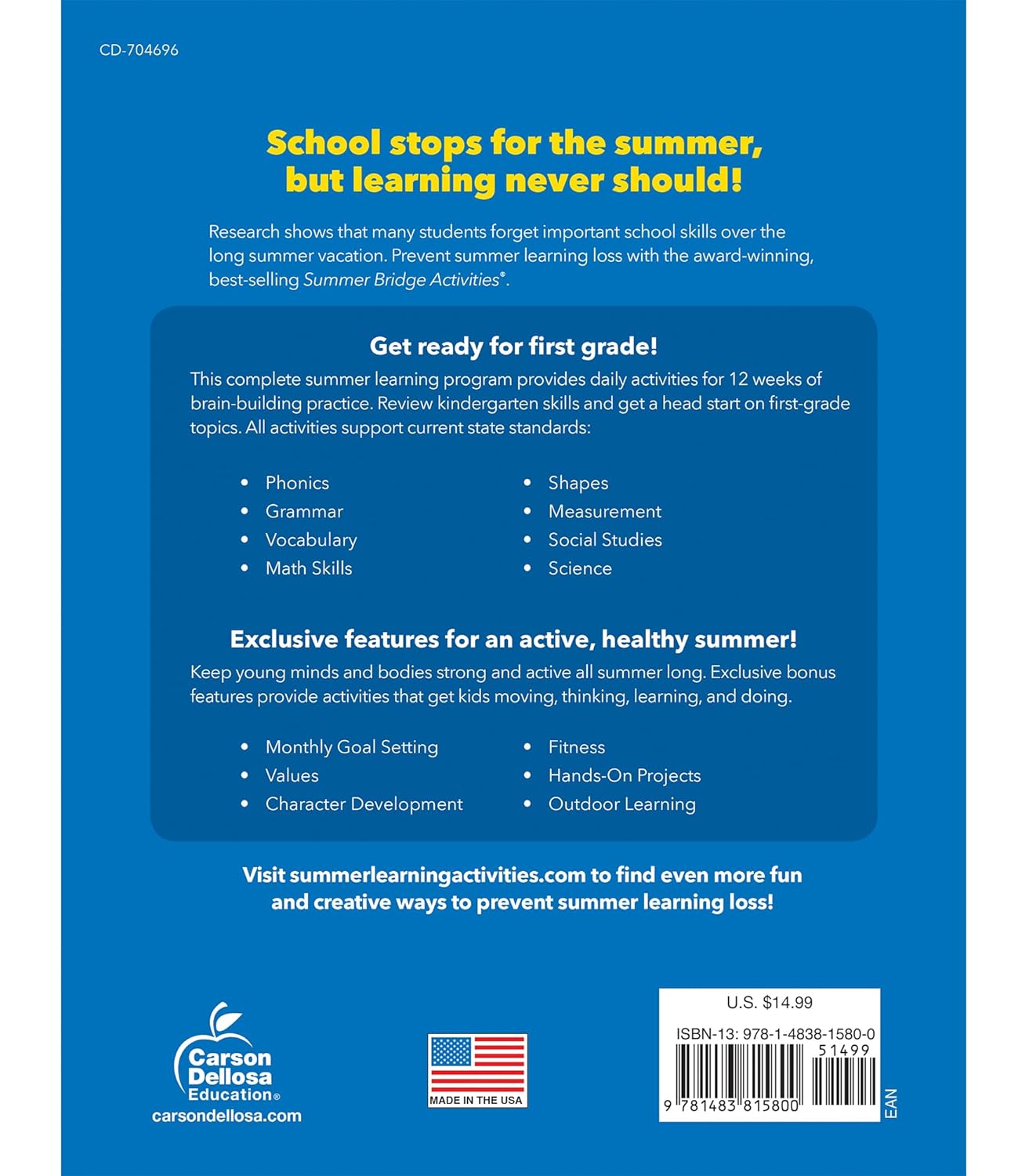 Summer Bridge Activities Kindergarten to 1st Grade Workbooks, K-1 Activity Book With Math, Reading Comprehension, Science