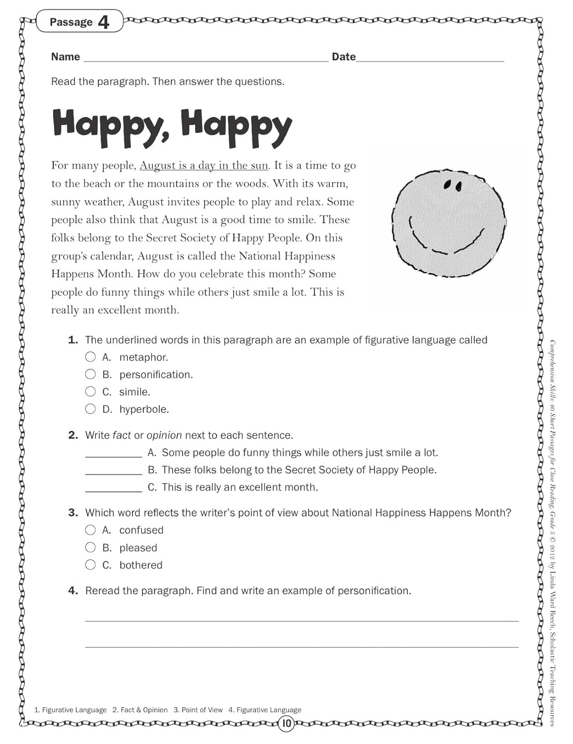 Scholastic Comprehension Skills: 40 Short Passages For Close Reading, Grade 5