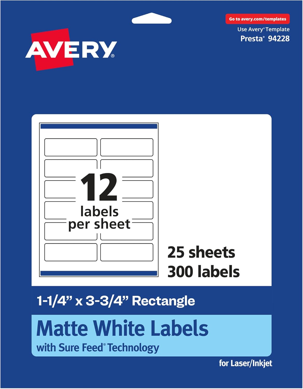 Avery Matte White Rectangle Labels, Sure Feed Technology, 1.25" x 3.75"