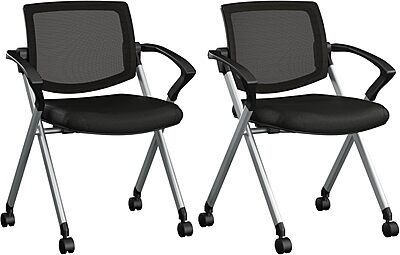 Bush Business Furniture Folding Chairs with Arms - Set of 2, Commercial-Grade Guest Mesh Back Seating for Office, Banquet, or Training Room, Envision Collection, Black Mesh