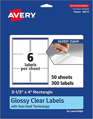 Avery Glossy Clear Rectangle Labels, Sure Feed Technology, 3-1/3" x 4"