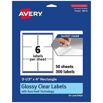 Avery Glossy Clear Rectangle Labels, Sure Feed Technology, 3-1/3" x 4"
