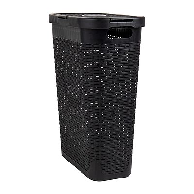 Mind Reader 40L Slim Laundry Hamper with Lid, Wicker-Style Plastic