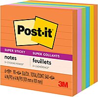 Post-it Super Sticky Lined Notes, 6 Sticky Note Pads, 4 x 4 in., School Supplies for Students, Ideal for Textbooks