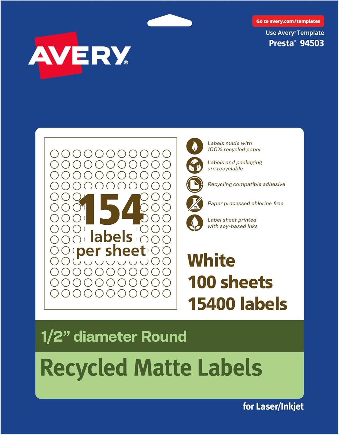 AVERY EcoFriendly Matte White Recycled Round Labels, 0.5" Diameter, Print-to-The-Edge, Permanent Adhesive