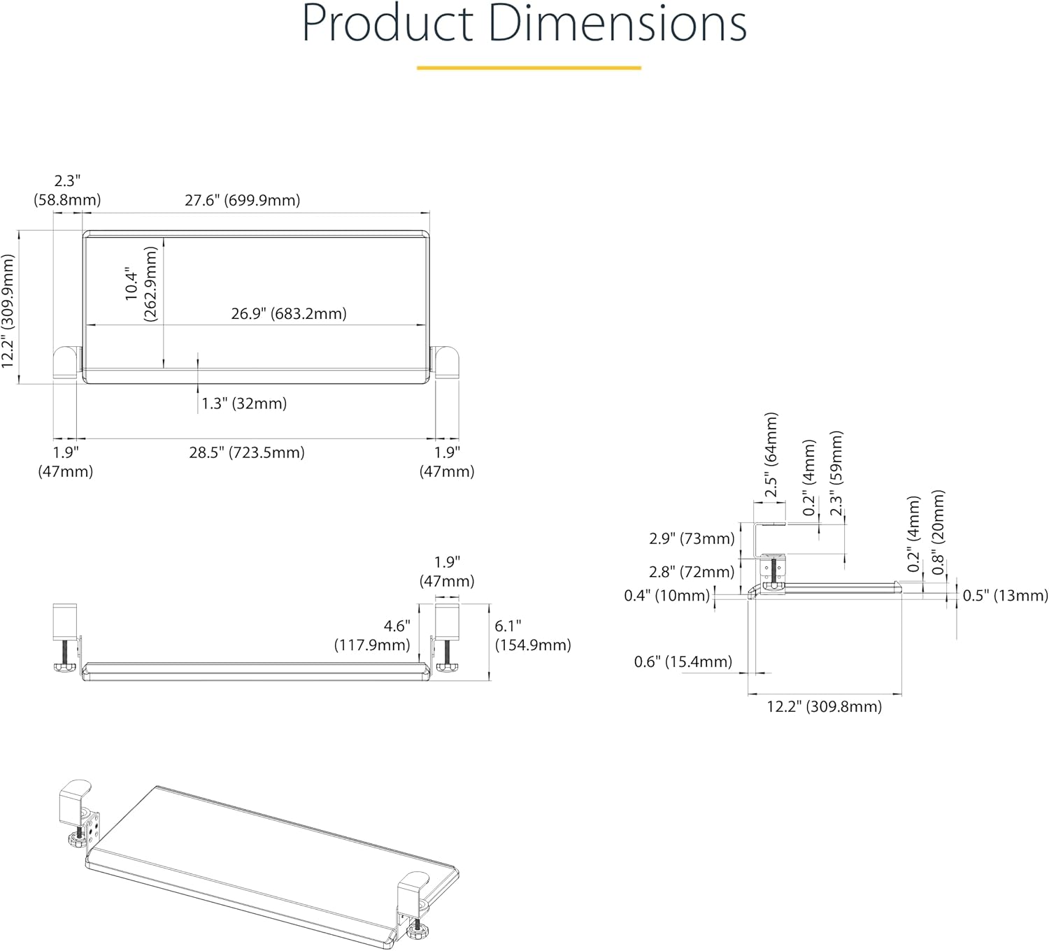 StarTech.com Under-Desk Keyboard Tray, Clamp-on Ergonomic Keyboard Holder, Up to 12kg (26.5lb)