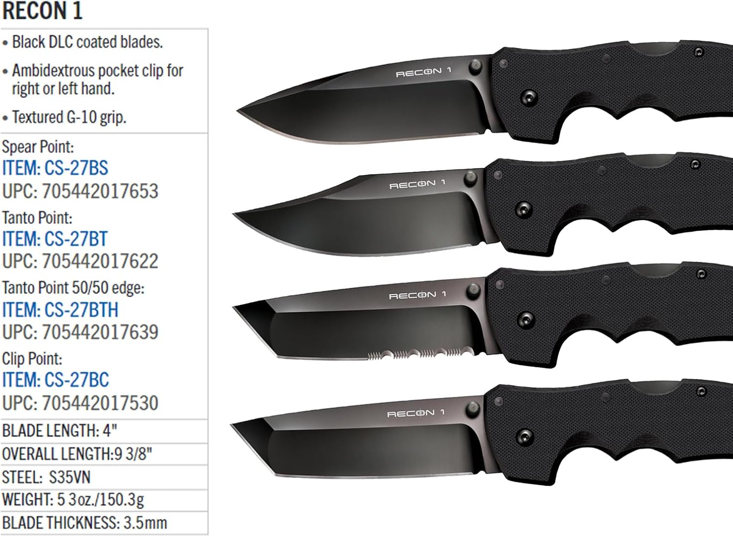 Cold Steel Recon 1 4" S35VN 5.375" G-10 Tactical Folding Knife w/Tri-Ad Lock