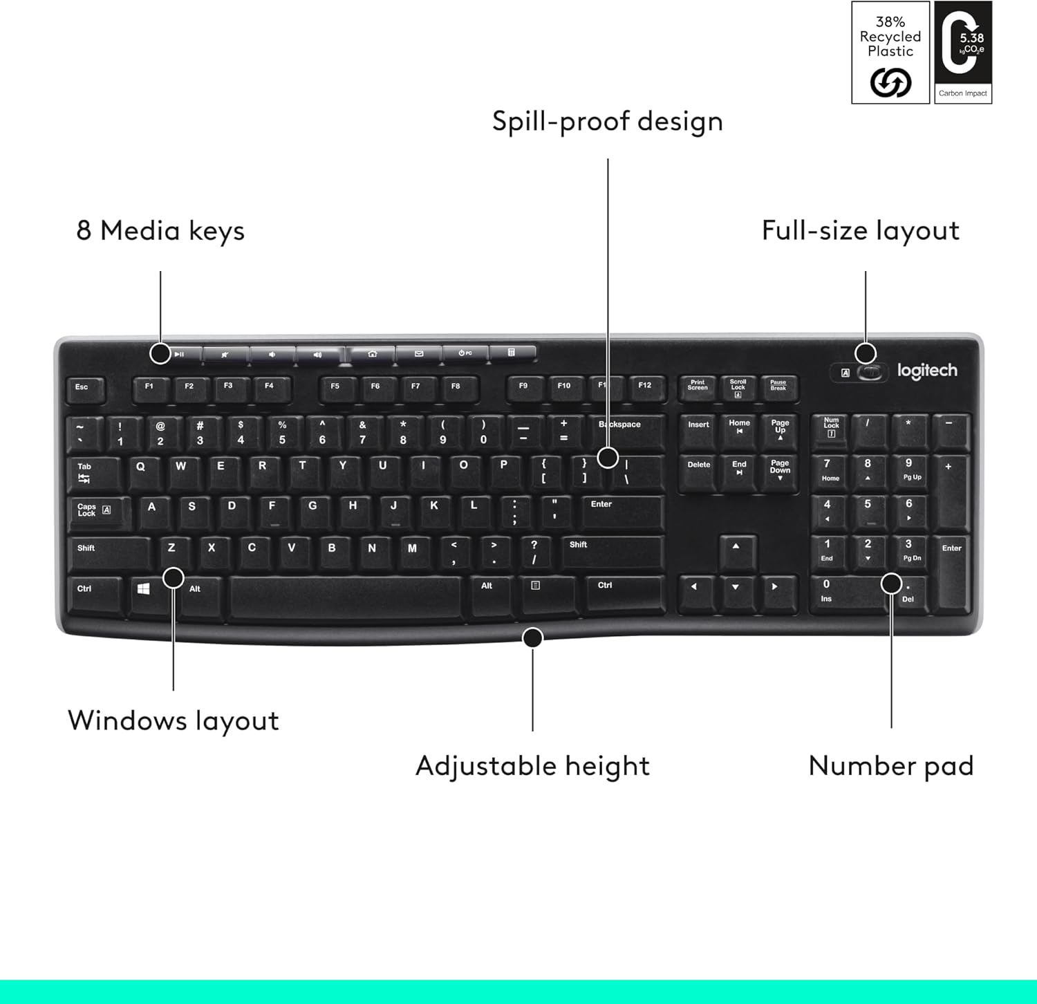 Logitech K270 Wireless Keyboard for Windows, 2.4 GHz Wireless, Full-Size, Number Pad, 8 Multimedia Keys, 2-Year Battery Life