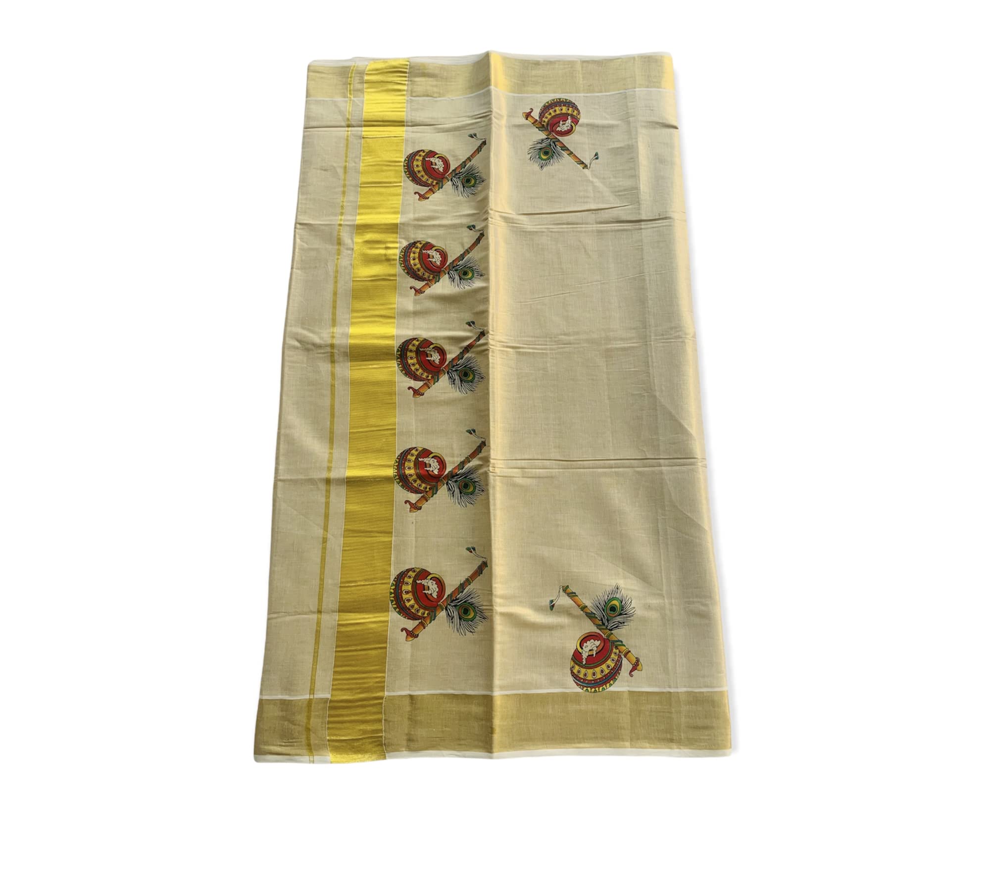 Women's Kuthampully Kerala Kasavu Saree Tissue Mural Painted | Traditional South Indian Saree | Onam Saree - Multi Color BOM-655