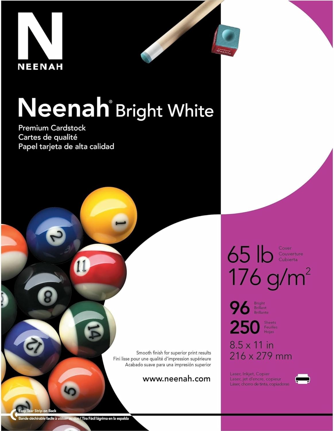 Neenah Bright White Premium Cardstock, 8.5 x 11 in, 65 lb, 250 Pack (91904)