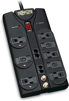 Tripp Lite 8 Outlet Surge Protector Power Strip, 10ft Cord, Right-Angle Plug, Tel/Modem/Coax/Ethernet Protection, RJ11, RJ45, & $250,000 INSURANCE (TLP810NET) Grey
