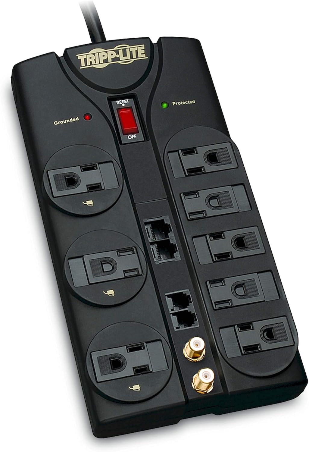 Tripp Lite 8 Outlet Surge Protector Power Strip, 10ft Cord, Right-Angle Plug, Tel/Modem/Coax/Ethernet Protection, RJ11, RJ45