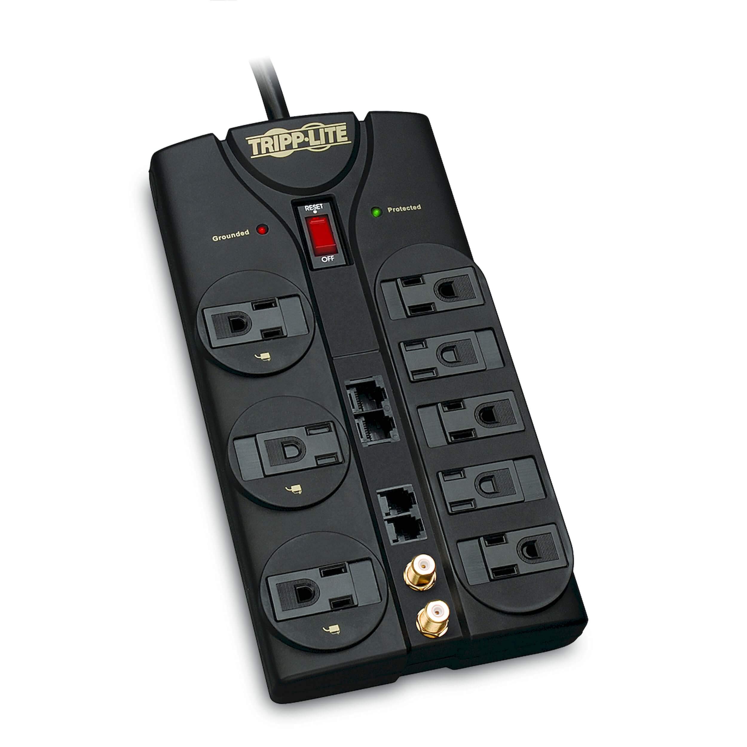 Tripp Lite 8 Outlet Surge Protector Power Strip, 10ft Cord, Right-Angle Plug, Tel/Modem/Coax/Ethernet Protection, RJ11, RJ45