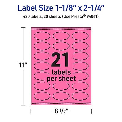 Avery Printable Oval Scalloped Labels, Sure Feed Technology, 1-1/8" x 2-1/4", Bright Pink, Print-to-the-Edge