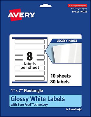 AVERY Glossy White Rectangle Labels, Sure Feed Technology, 1" x 7", Print-to-the-Edge, Permanent Adhesive, Laser/Inkjet Printable
