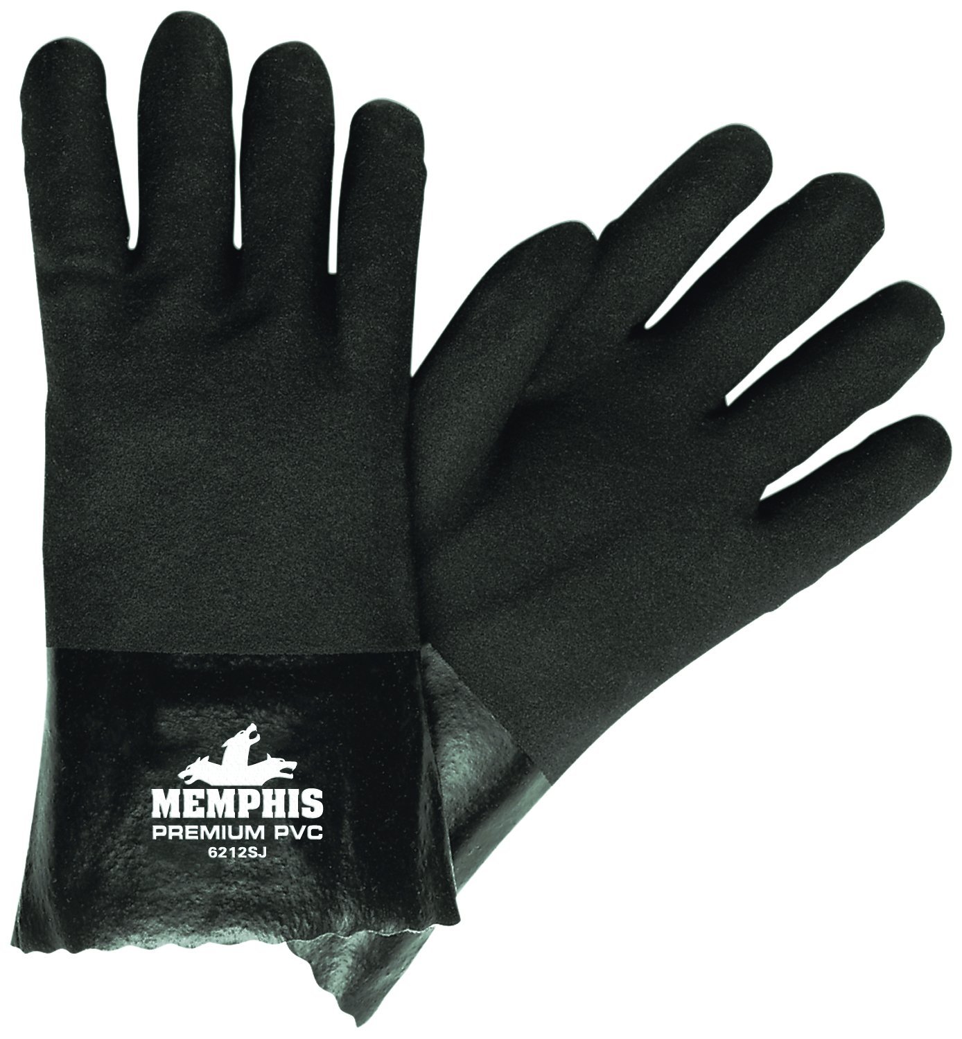 MCR Safety 6212SJ Double Dipped PVC Jersey Lined Sandpaper Finish Men's Gloves with 12-Inch Gauntlet, Black, Large, 1-Pair
