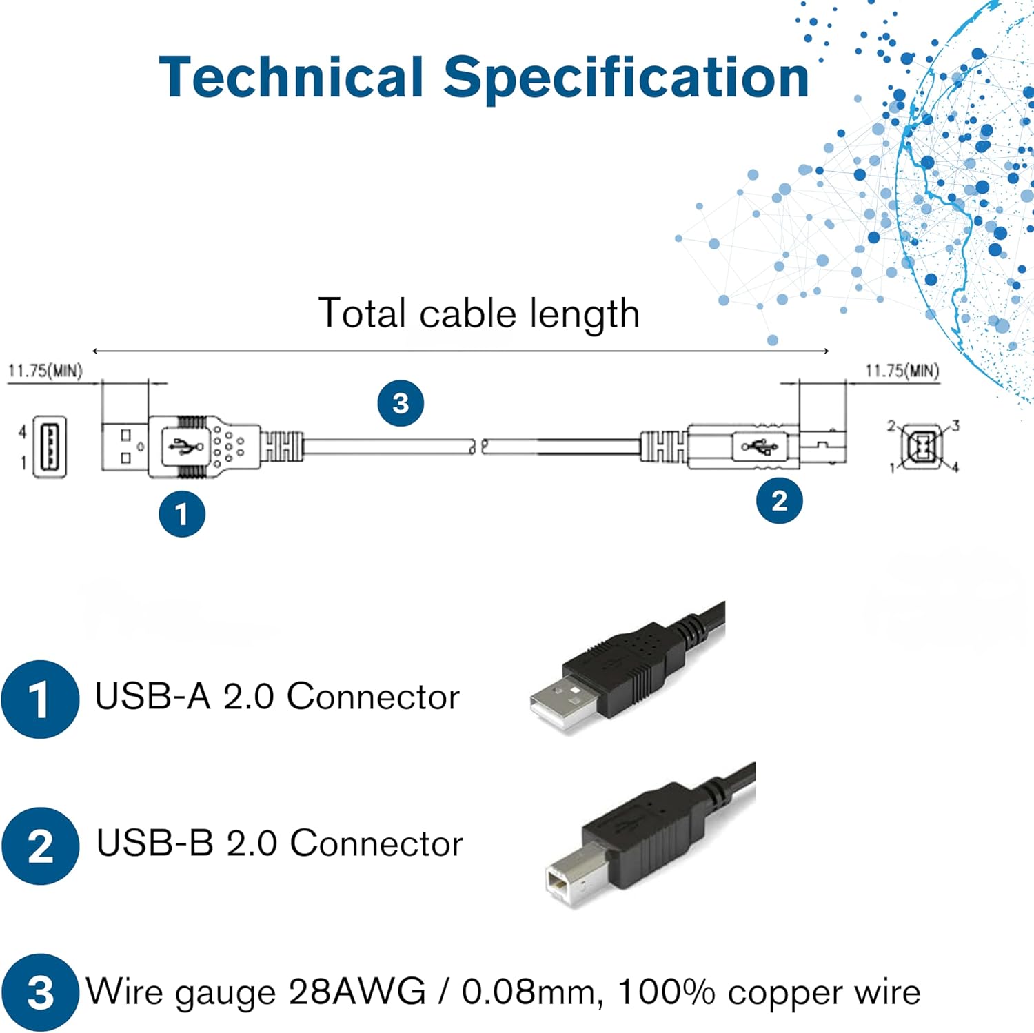C2G USB Cable, USB 2.0 Cable, USB A to B Cable, 9.84 Feet (3 Meters), Black, Cables to Go 28103