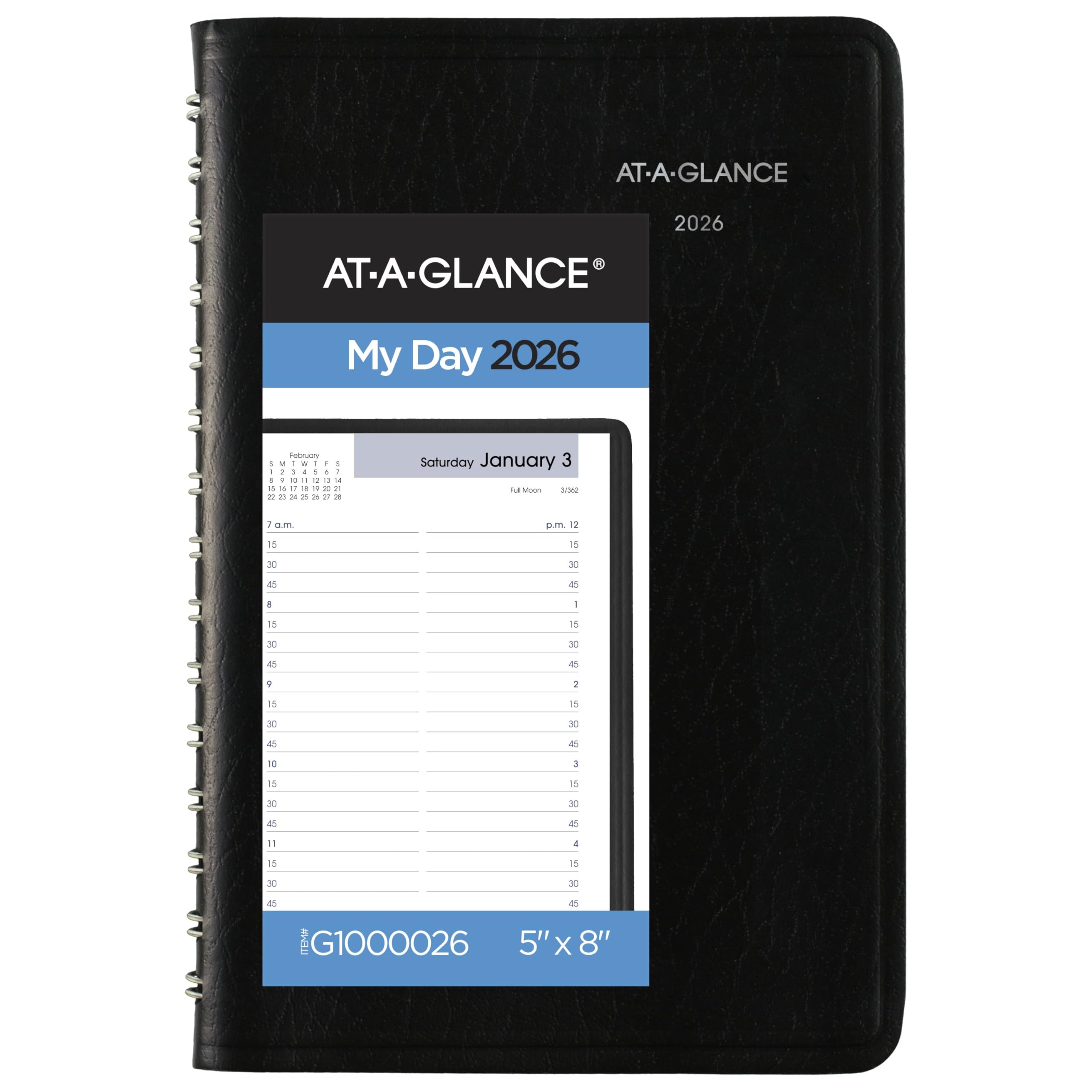 AT-A-GLANCE 2026 Appointment Book Planner, Daily, 5" x 8", Small, Quarter-Hourly, DayMinder, Black (G1000026)
