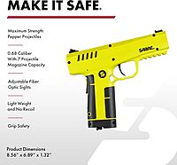 SABRE Pepper Projectile Launcher, Home Defense. Mag holds 7 .68 Caliber projectiles, Adjustable Fiber Optic Sights