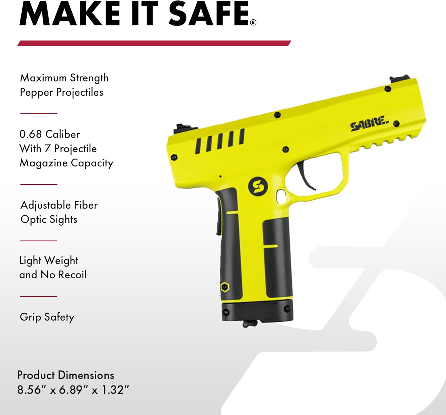SABRE Pepper Projectile Launcher, Home Defense. Mag holds 7 .68 Caliber projectiles, Adjustable Fiber Optic Sights