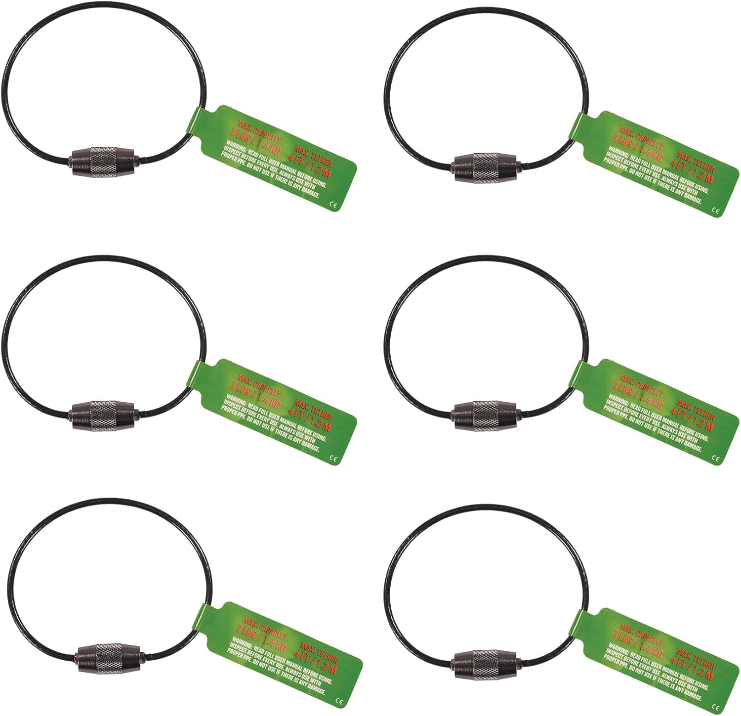 Ergodyne Squids 3708 Wire Cable Loop Tool Tethering Attachment, Screw Gate Opening, Weight Rating 3lbs, 6-Pack