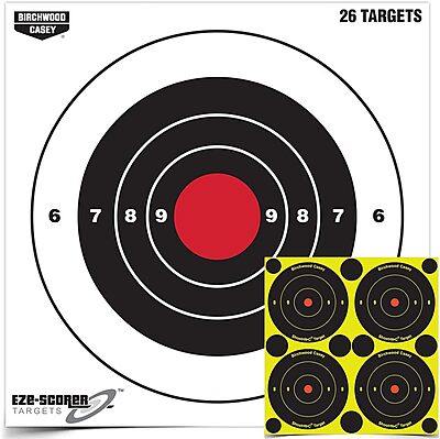 BIRCHWOOD CASEY 8" Eze-Scorer Bull's-Eye Practice Shoot-Up Brilliant White Paper Targets for Indoor and Outdoor Use, 26 Targets