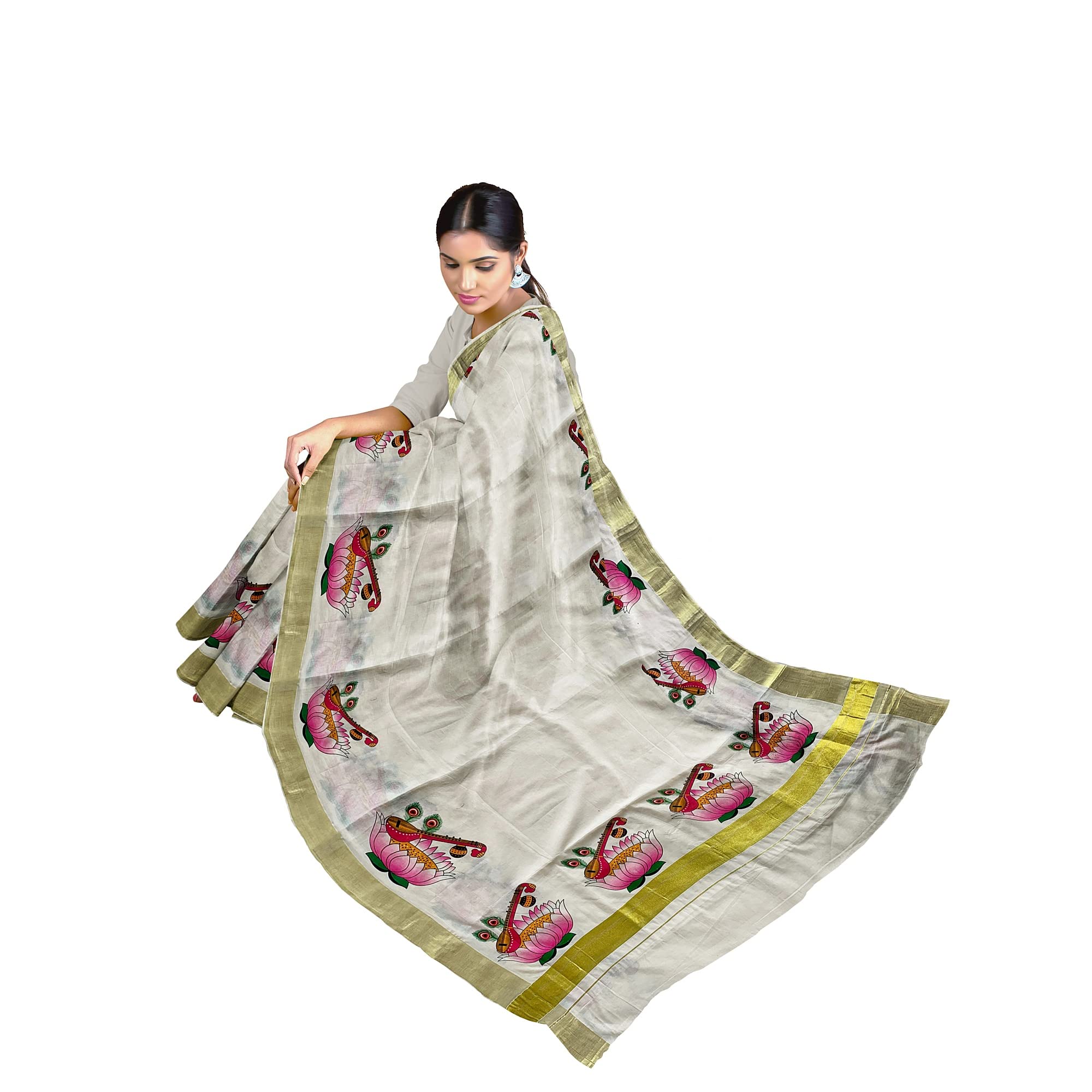 Kuthampully Kerala Sarees For Women | Printed Onam Saree For Women | Multicolor Tissue Mural Cotton Saree | Traditional South Indian Sarees | Authentic Women's Zari Kasavu | EKM-486 | Pack Of 1