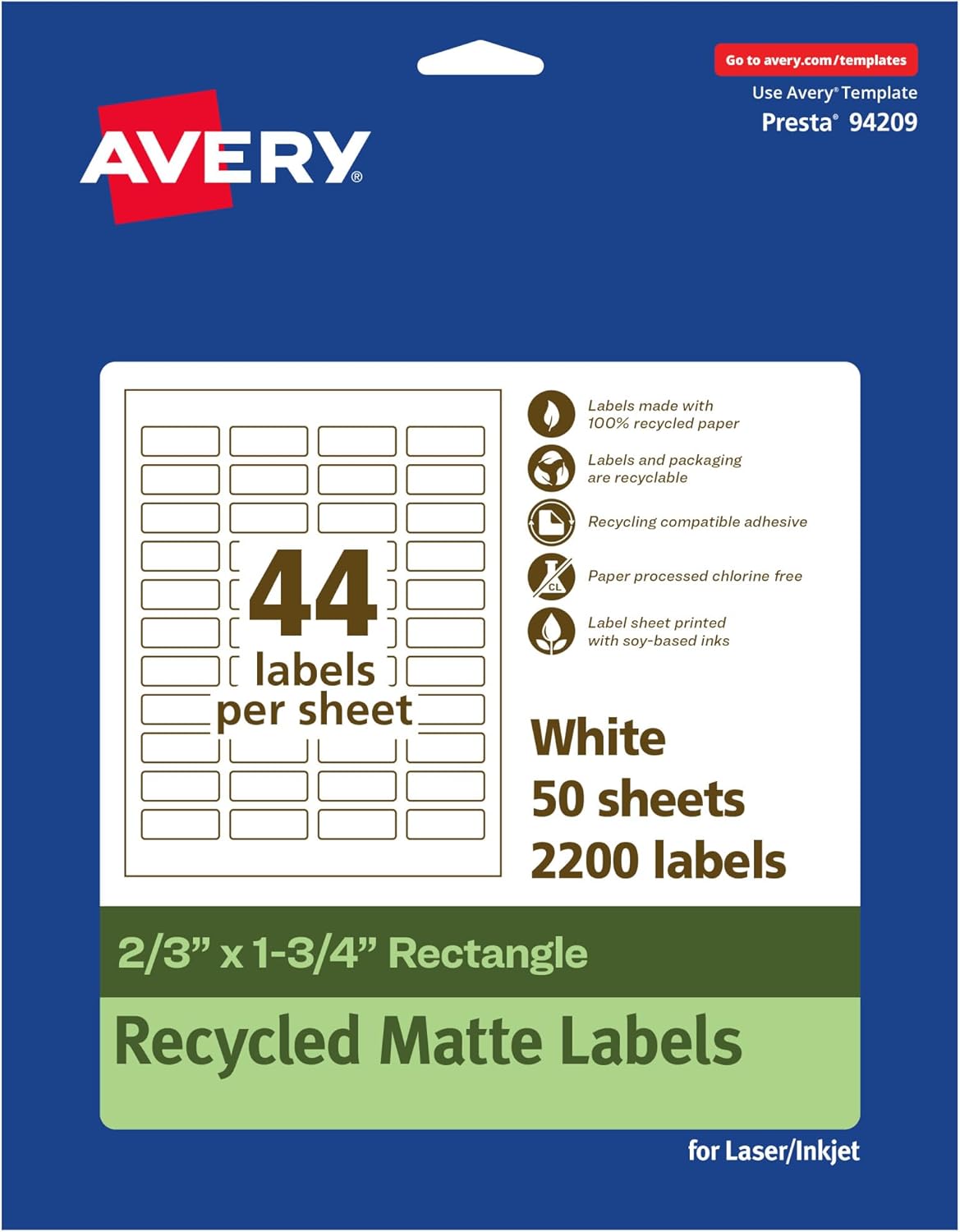 Avery EcoFriendly Matte White Recycled Rectangle Labels, 2/3" x 1-3/4", Print-to-The-Edge, Permanent Adhesive