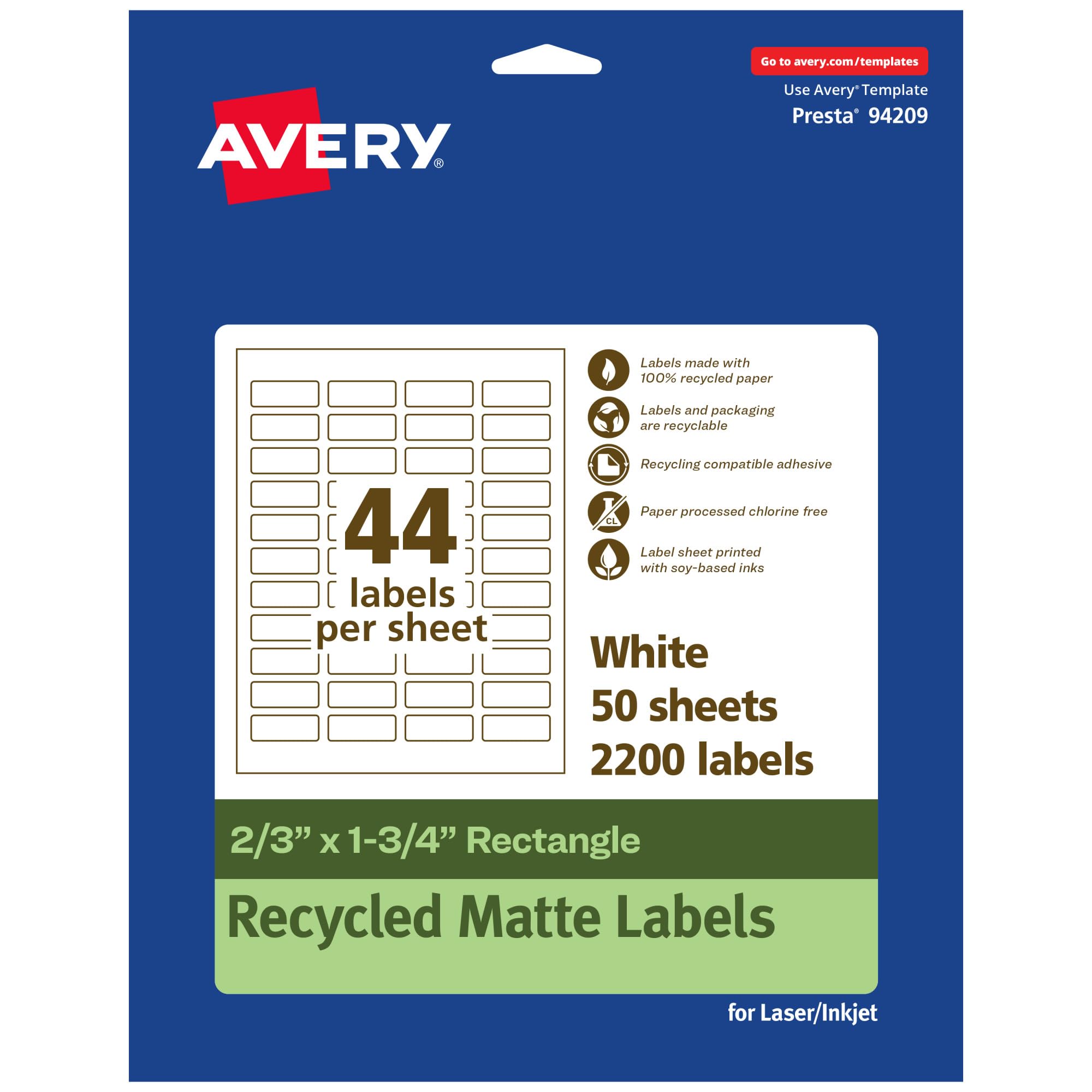 Avery EcoFriendly Matte White Recycled Rectangle Labels, 2/3" x 1-3/4", Print-to-The-Edge, Permanent Adhesive