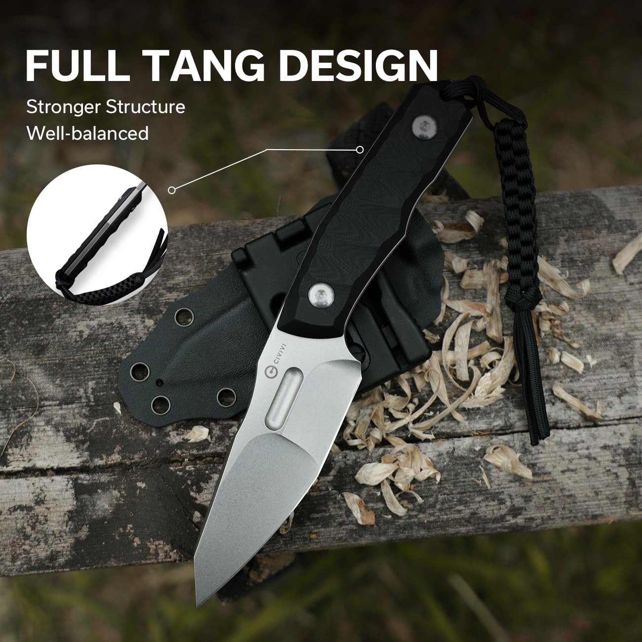 CIVIVI Propugnator EDC Fixed Blade Knife with Kydex Sheath, T-Clip and Lanyard, 4.15" D2 Blade