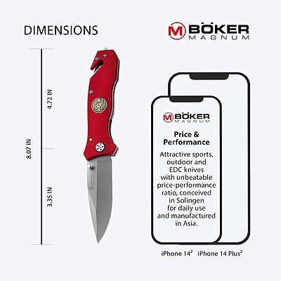 Boker Magnum 01MB366 Fire Department Knife with 3 3/8 in. Blade, Red