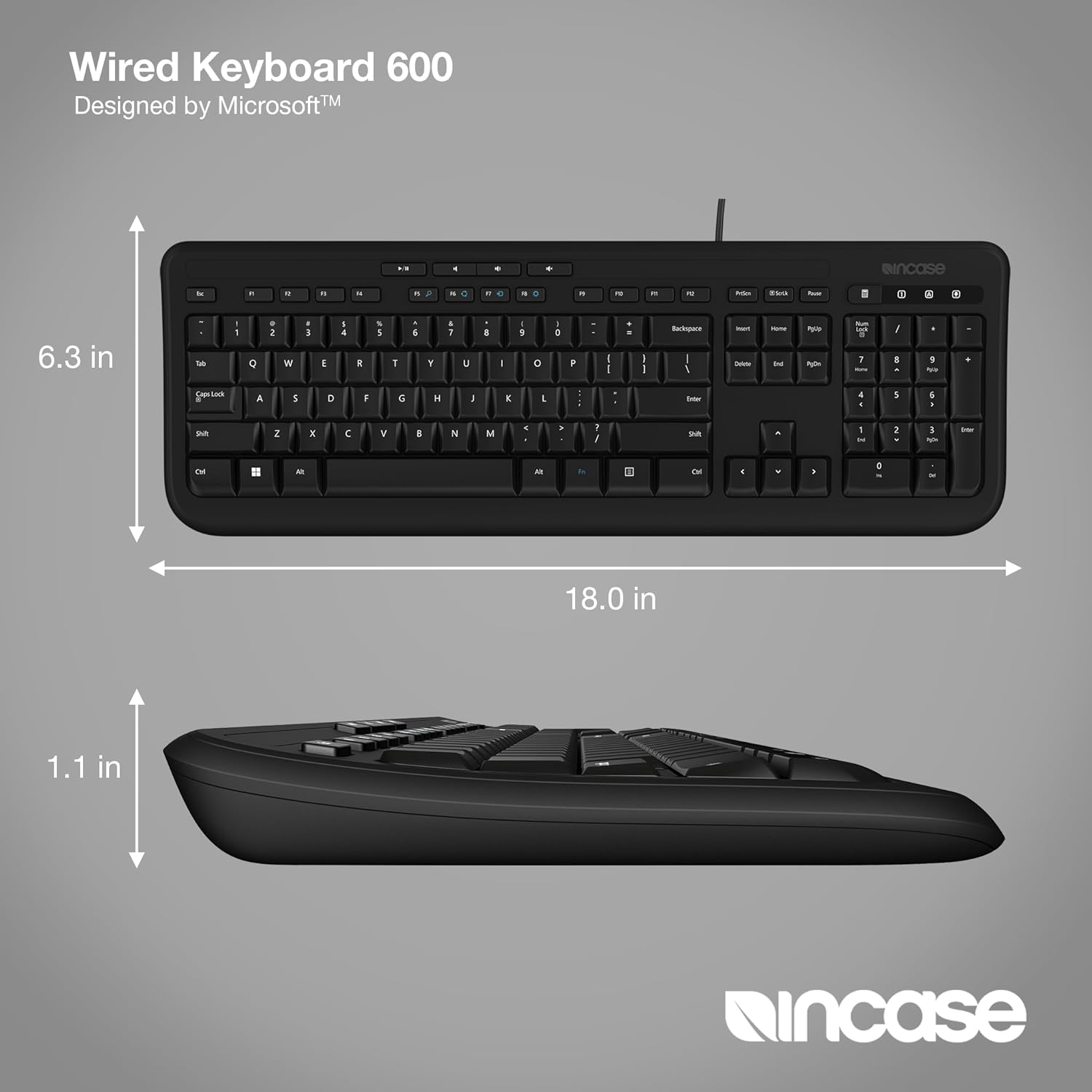 Incase Wired Keyboard 600 – Designed by Microsoft – Spill Resistant, Quiet Touch Keys, Plug and Play, 4 Hotkeys