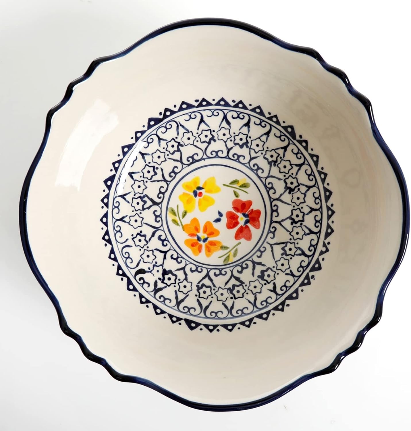 Gibson Home Luxembourg 2 Piece Stoneware Bowl Set, White with Blue Design, 10 and 8 Inch