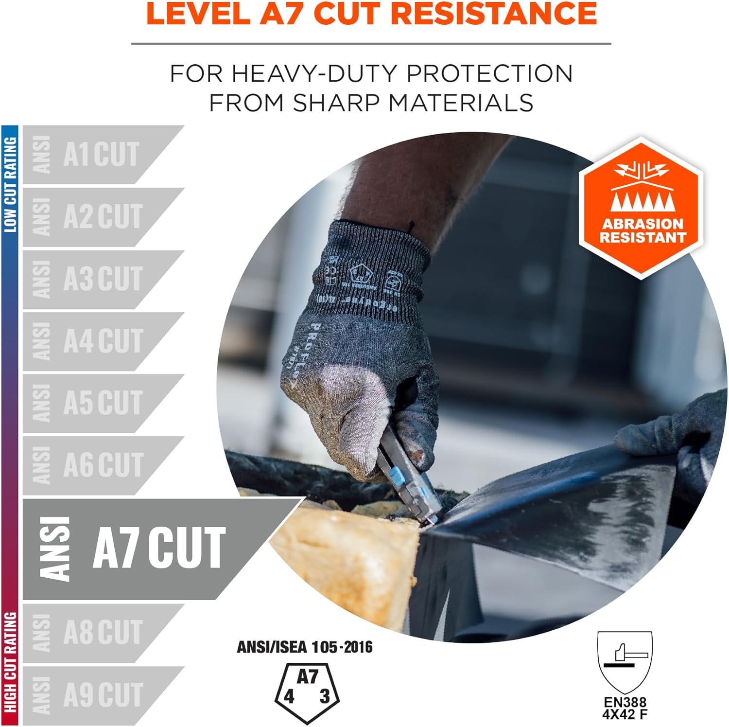 Ergodyne ProFlex 7071 Cut Resistant Work Gloves, ANSI A7, PU Coated Palms for Flexible No Slip Grip