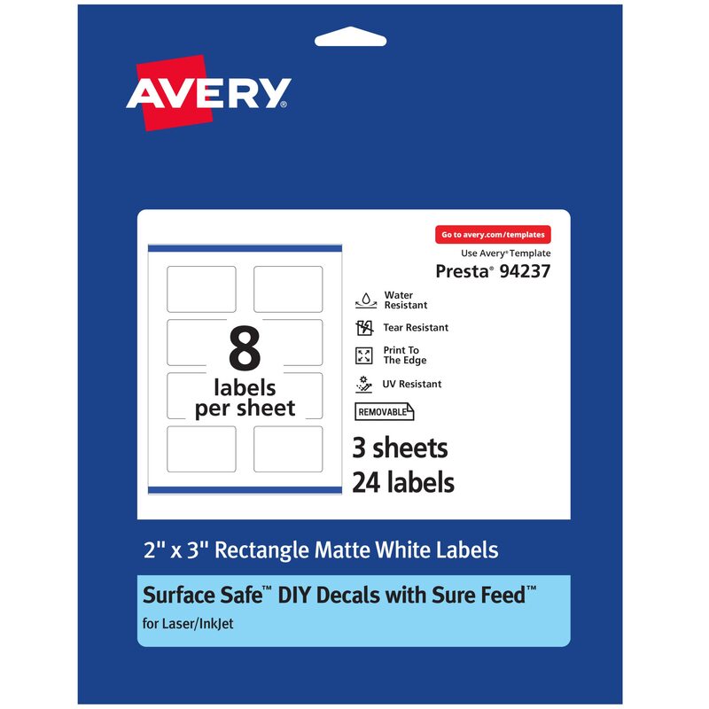 AVERY Durable Removable Rectangle Labels, Sure Feed Technology, 2" x 3", Matte White Film