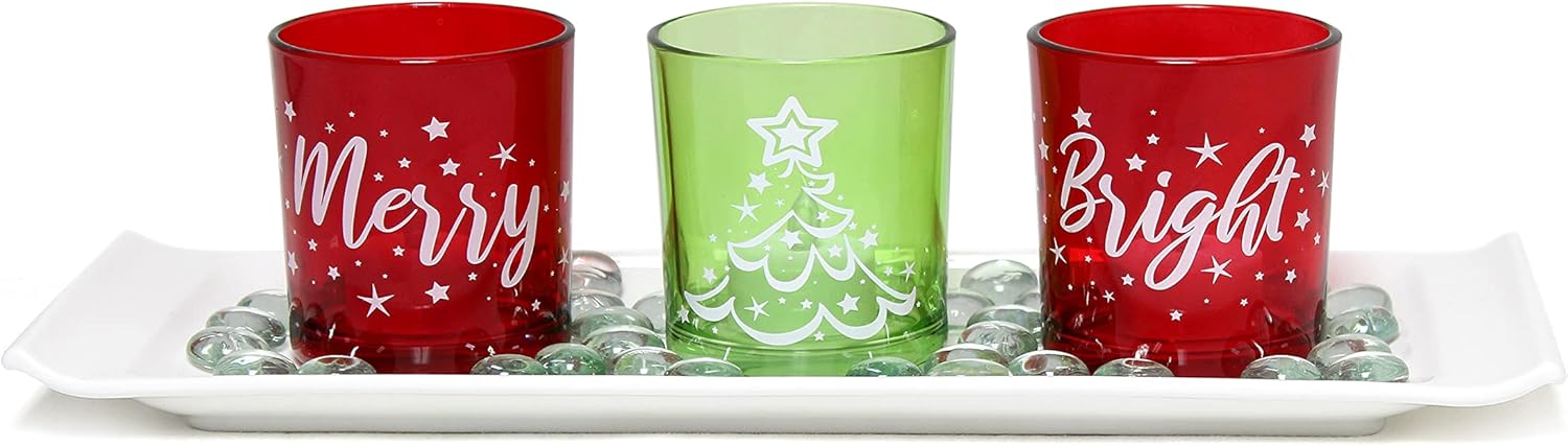 Elegant Designs HG5000-GAR Christmas Décor Winter Wonderland Decoration Glass Candle Set of 3 with Tray and Beads