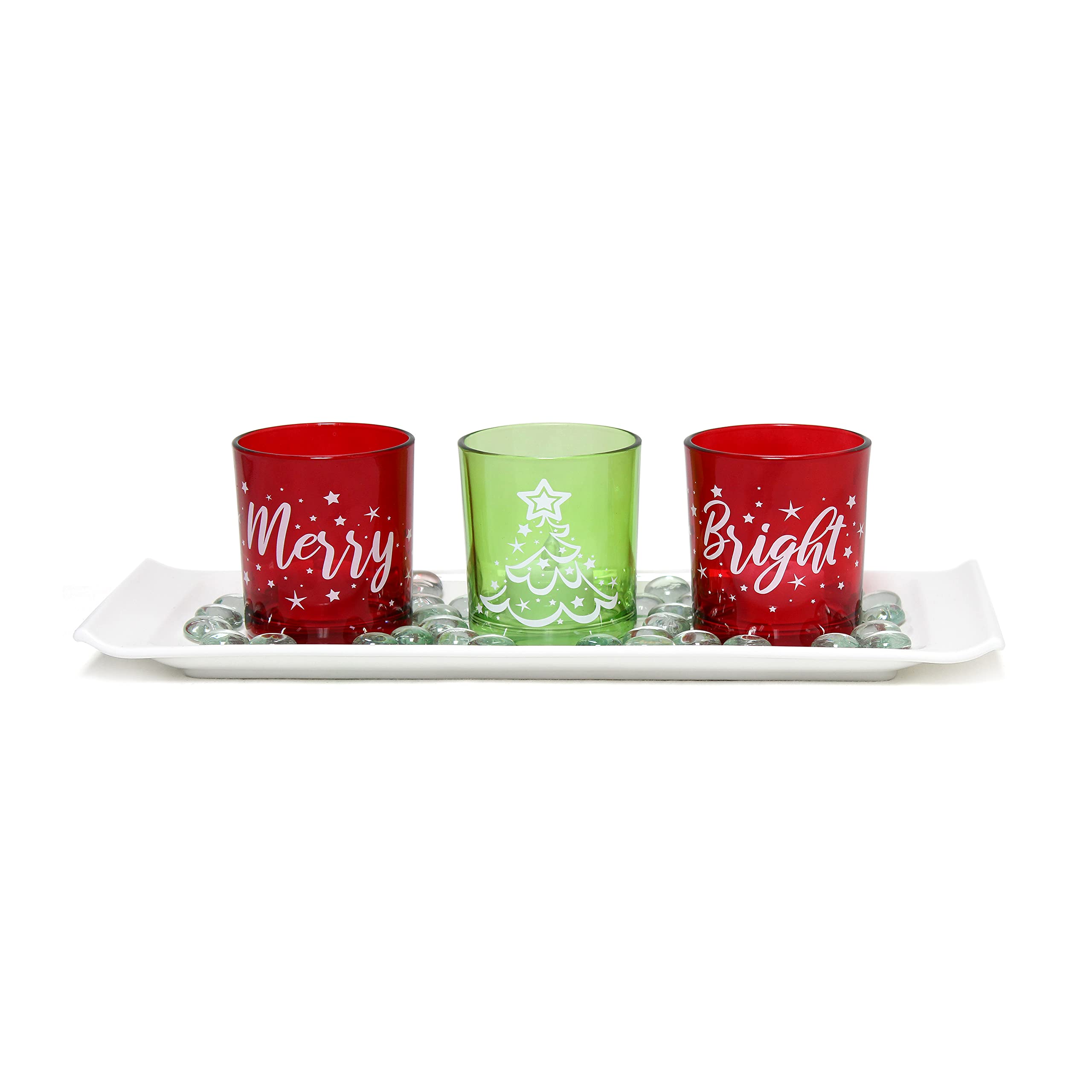 Elegant Designs HG5000-GAR Christmas Décor Winter Wonderland Decoration Glass Candle Set of 3 with Tray and Beads
