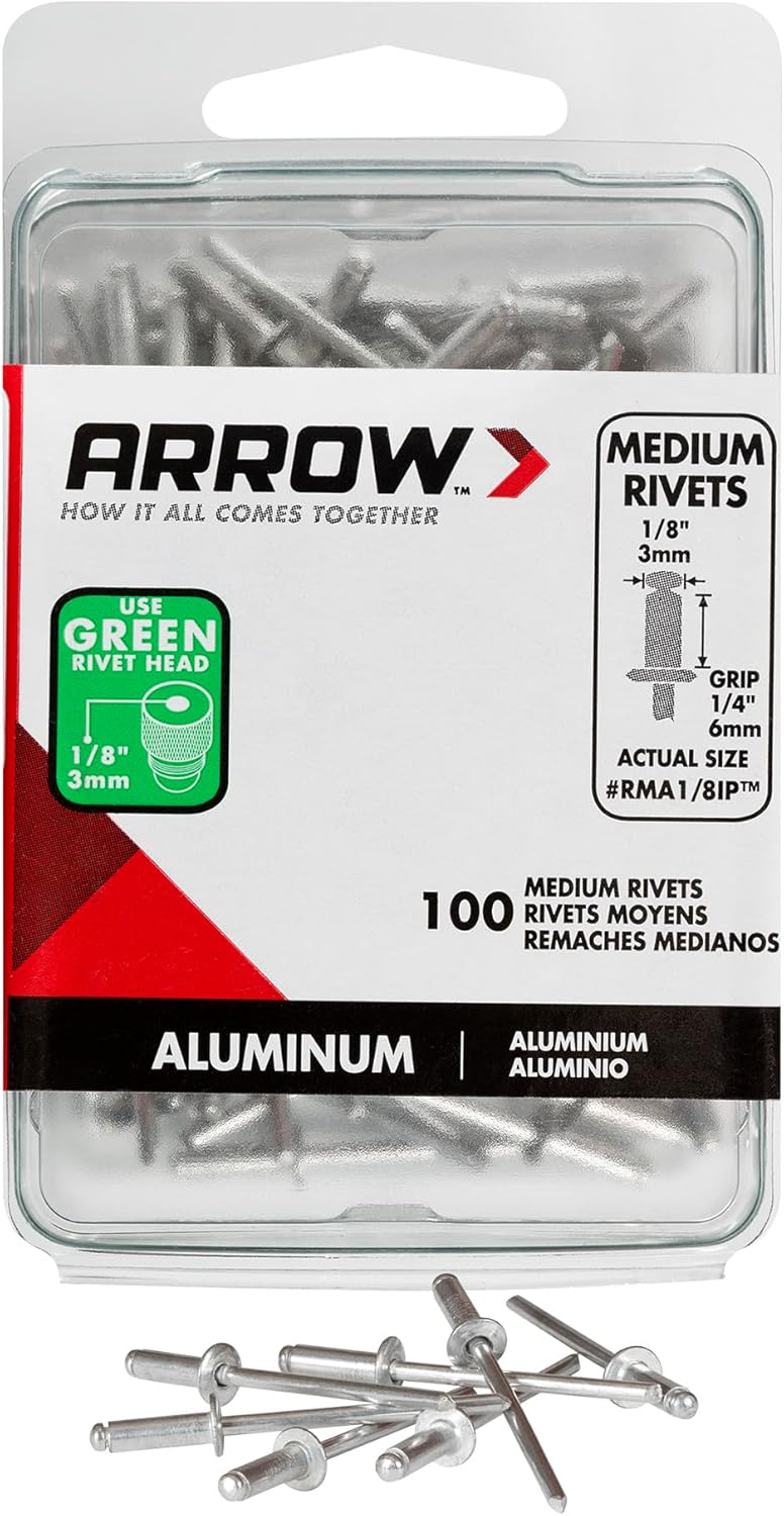 Arrow RMA1/8IP Medium Aluminum 1/8-Inch Pop Rivets for Metal, Fabric, Leather, and Auto Repair, 100-Pack 1/8 in. x 1/4 in.