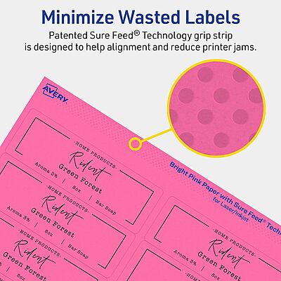 Avery Printable Rectangle Labels, Sure Feed Technology, 1-1/3" x 4", Bright Pink, Laser/Inkjet Printable