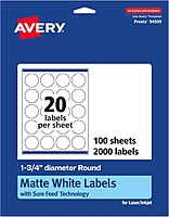 Avery Matte White Round Labels, Sure Feed Technology, 1.75" Diameter