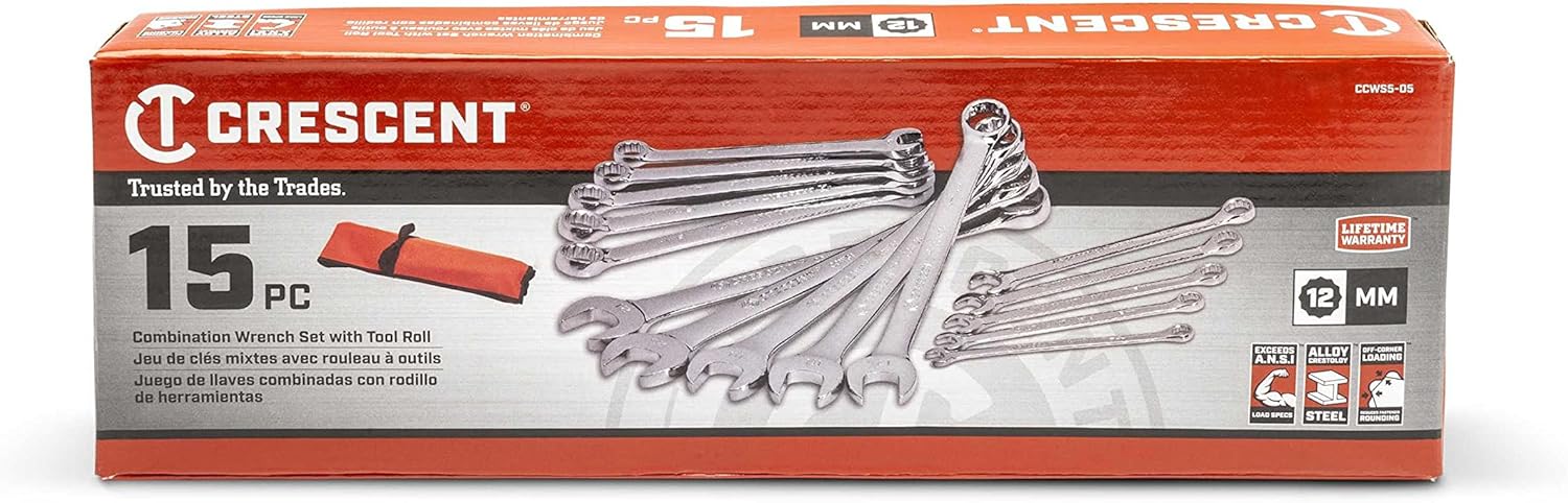 Crescent 15 Piece 12 Point Metric Combination Wrench Set with Tool Roll - CCWS5-05