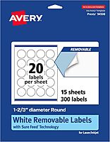 Avery Matte White Removable Round Labels, Sure Feed Technology, Print-to-The-Edge, 1-2/3" Diameter, 300 Removable Labels, Laser/Inkjet Printable 300 labels