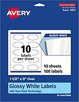AVERY Glossy White Oval Labels Sure Feed Technology 1.5 x 3 Print-to-the-Edge Permanent Adhesive Laser/Inkjet Printable