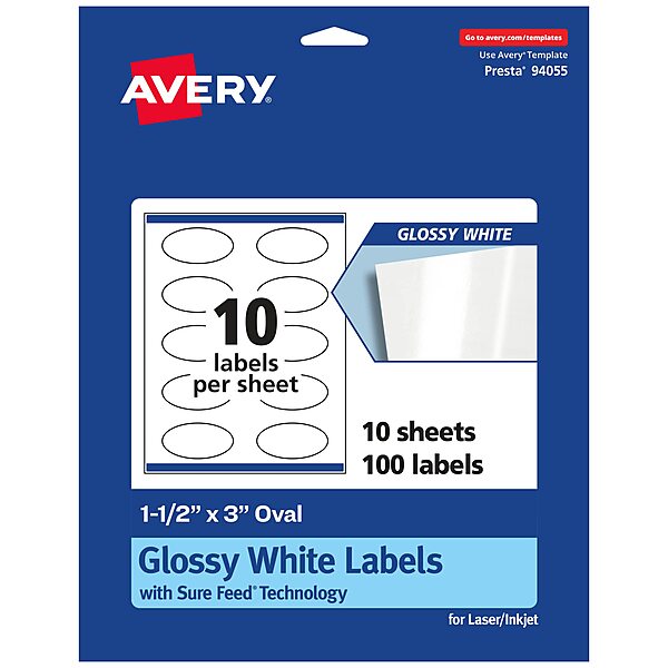 AVERY Glossy White Oval Labels Sure Feed Technology 1.5 x 3 Print-to-the-Edge Permanent Adhesive Laser/Inkjet Printable