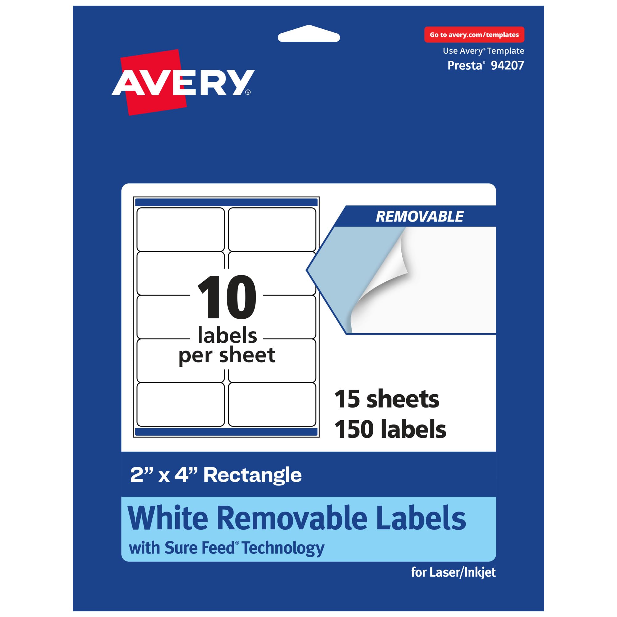Avery Matte White Removable Rectangle Labels, Sure Feed Technology, 2" x 4"