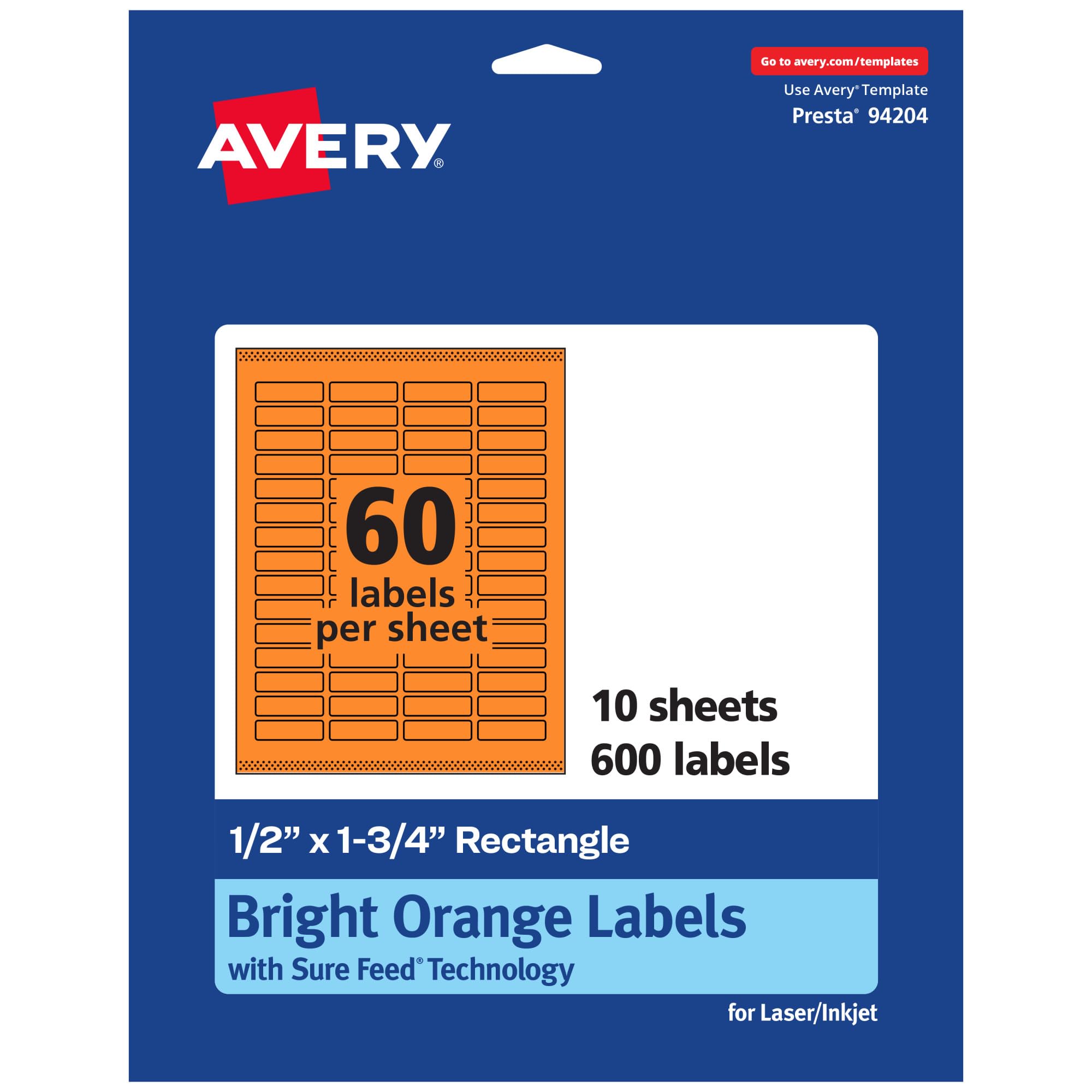 AVERY Printable Rectangle Labels, Sure Feed Technology, 1/2" x 1-3/4", Bright Orange, Print-to-The-Edge, Laser/Inkjet
